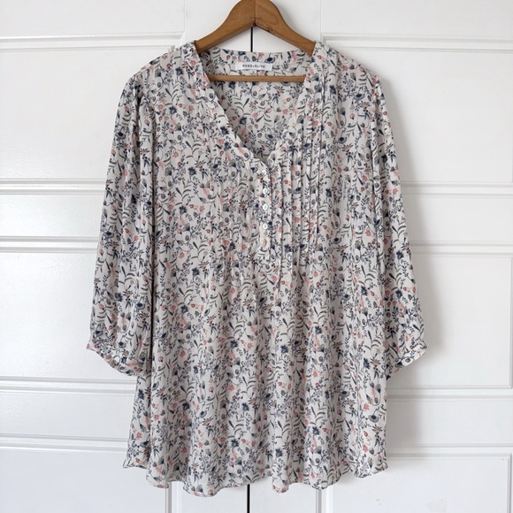 Rose Olive Floral Popover Tunic Top Womens 1X Cream Cottagecore Peasant Chiffon - Picture 1 of 14
